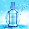 Mouth rinse bottle in water splash. Vector realistic brand poster with cosmetic product for dental care, mouthwash in clear blue bottle on wavy water surface. Promo banner, advertising background